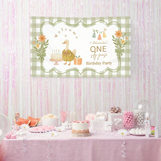  Green Gingham Silly Goose 1st Birthday Banner (Party)