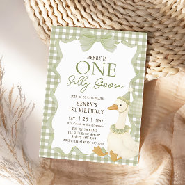 Green Gingham Silly Goose 1st Birthday Invitation Einladung
