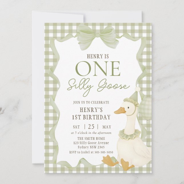 Green Gingham Silly Goose 1st Birthday Invitation Einladung (Vorderseite)