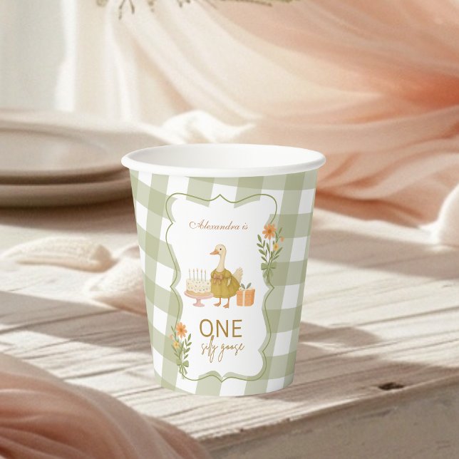  Green Gingham Silly Goose 1st Birthday Pappbecher (Von Creator hochgeladen)