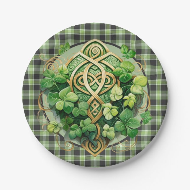 Green Gingham und Celtic Triskele Pappteller (Vorderseite)