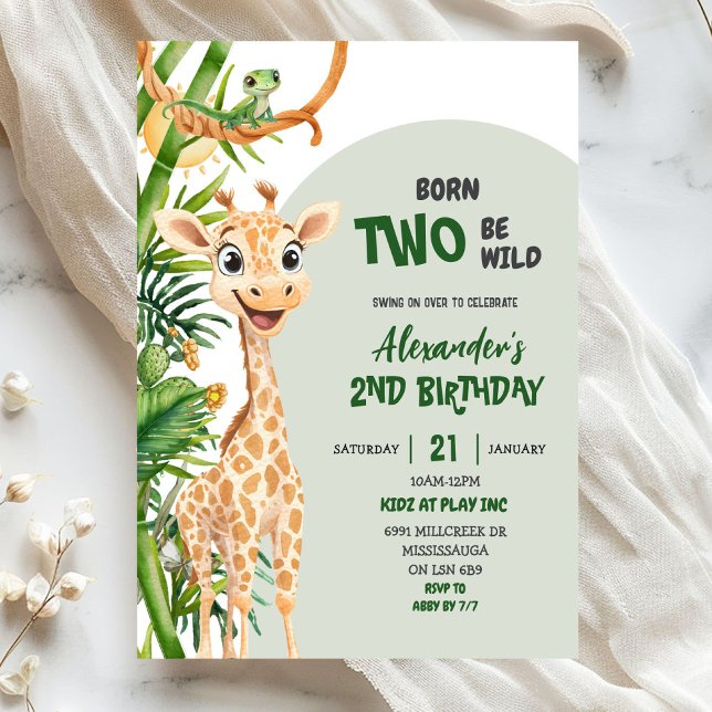 Green Giraffe Born Two Wild Safari Second Birthday Einladung (Von Creator hochgeladen)