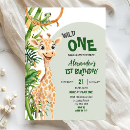 Green Giraffe Wild One Safari First Birthday Einladung