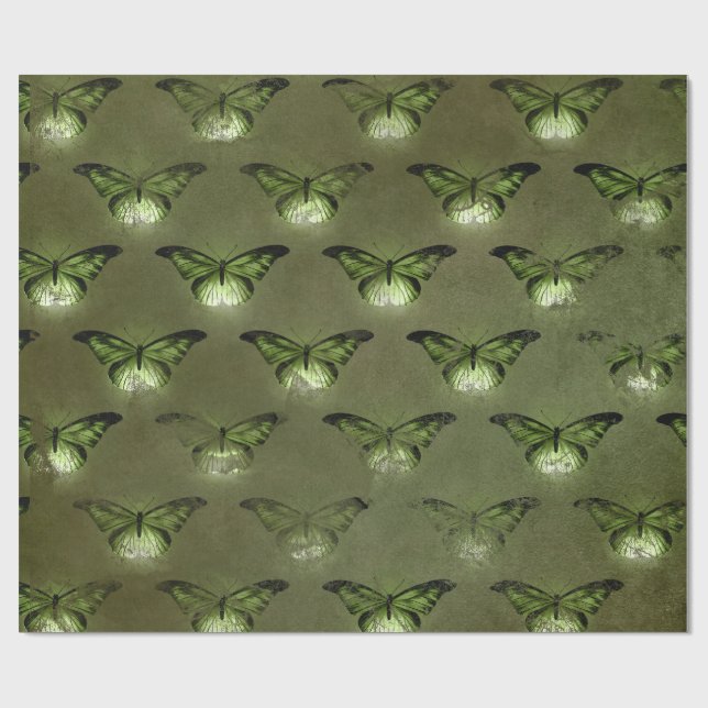 Green Glimmer Vintag Butterfly Geschenkpapier (Flach)