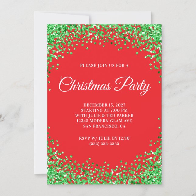 Green Glitter Border Red Christmas Party Einladung (Vorderseite)