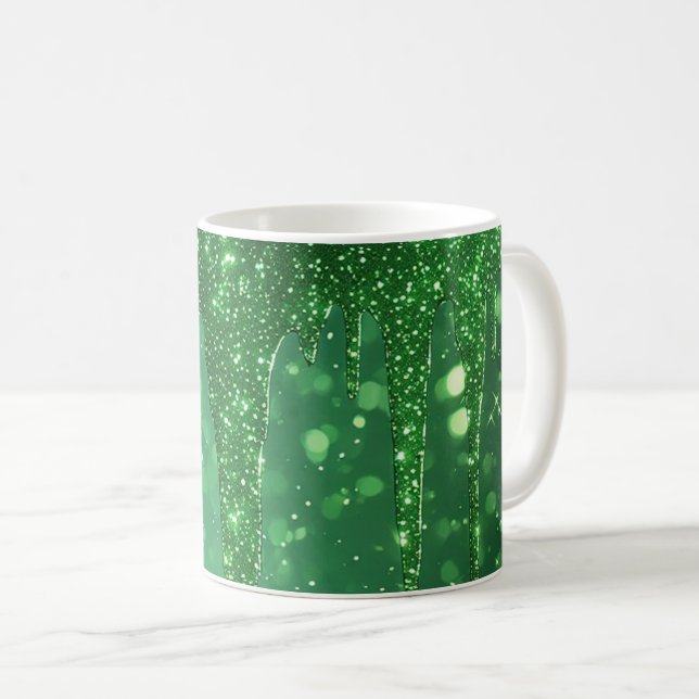 Green Glitter Drip Background With Sparkling Bokeh Kaffeetasse (VorderseiteRechts)