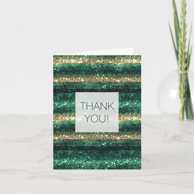 Green Glitter Glam Gold Stripes Thank you Dankeskarte (Vorderseite)