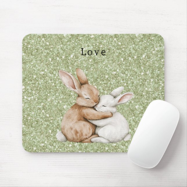 Green Glitter Sweet Brown Cream White Bunny Hugs Mousepad (Mit Mouse)