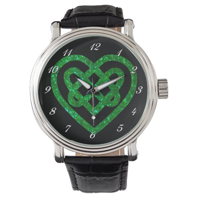 Green Glitzer Celtic Heart Knot Wrist Watch Armbanduhr (Vorderseite)