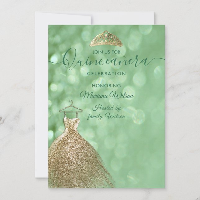 Green Glitzer Chic Gold Kleid tiara Quinceañera Einladung (Vorderseite)
