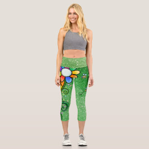 Green Glitzer Glam - Retro-Blume, Sonnenschein, Bi Capri Leggings
