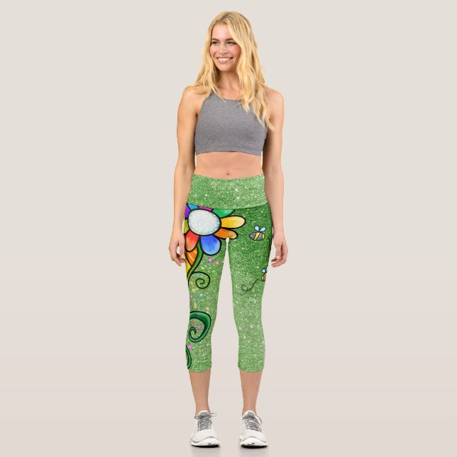 Green Glitzer Glam - Retro-Blume, Sonnenschein, Bi Capri Leggings (Vorderseite)