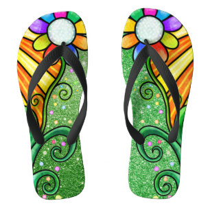 Green Glitzer Glam - Retro Blume Sunshine Bee Flip Flops