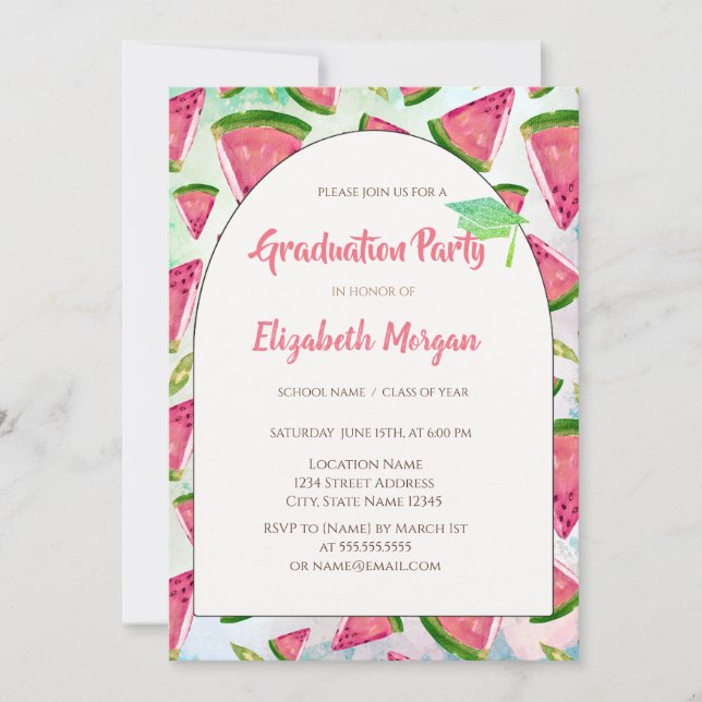 Green Glitzer Grad Cap, Watermelons Abschluss Einladung (Vorderseite)