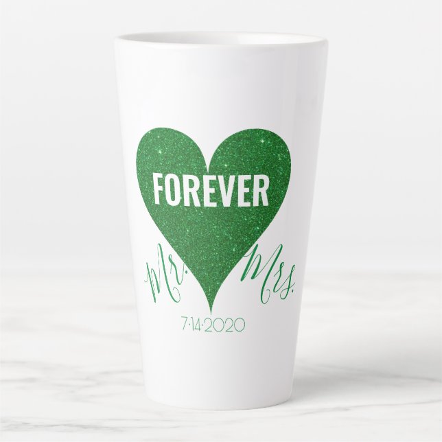 Green Glitzer Heart Mr & Mrs Large Latte Tasse (Vorderseite)