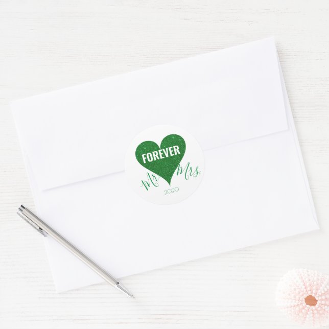 Green Glitzer Heart+Mrs Round Sticker (Umschlag)