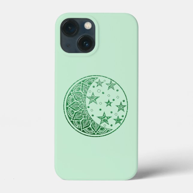 Green Glitzer Moon and Stars Mandala Case-Mate iPhone Hülle (Rückseite)