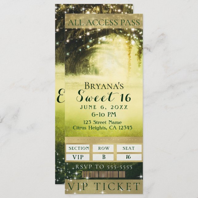 Green Glow Forest & Sparkle Lights Sweet 16 Ticket Einladung (Vorne/Hinten)
