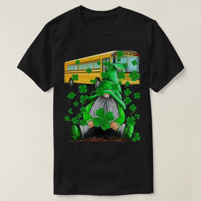 Green Gnomes Busschulfahrer und Kleeblatt St Pat T-Shirt (Design vorne)