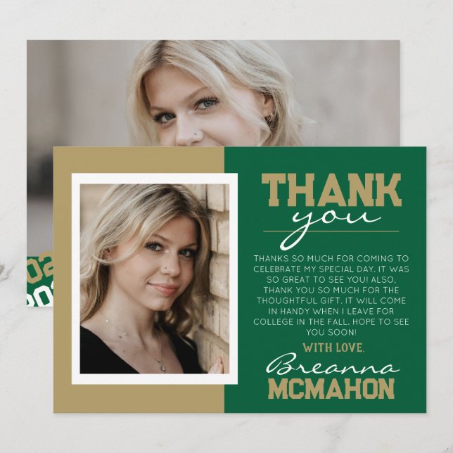 Green & Gold Abschluss 2 Foto Vielen Dank Einladung (Vorne/Hinten)