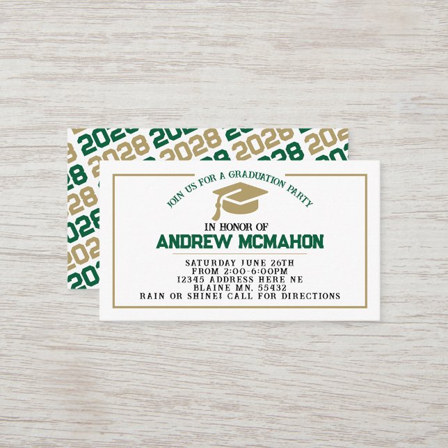 Green & Gold Abschluss Einladung zur Ankündigung e (Green, White & Bronze Gold Mini Graduation Invites for Friends, Team Mates or as Inserts!)