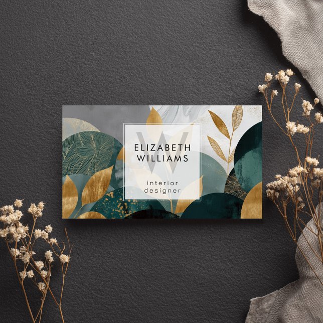 Green Gold Abstract Leaves Monogram Business Cards (Von Creator hochgeladen)