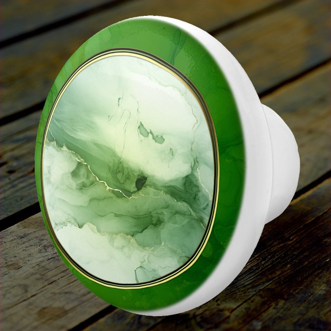 Green Gold Abstraktes Custom Foto Keramikknauf (Ceramic knob featuring an abstract green design with the option to add your own photo in the center)