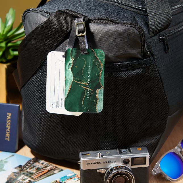 Green Gold Agate Geode Script Initials Monogram Gepäckanhänger (Vorderseite & Rückseite)