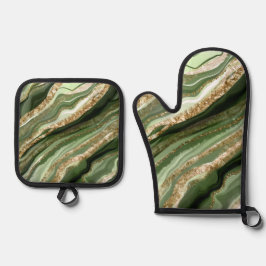 GREEN & GOLD AGATE SEHEN ABSTRAKT AUS OFENHANDSCHUH & Topflappen-Set