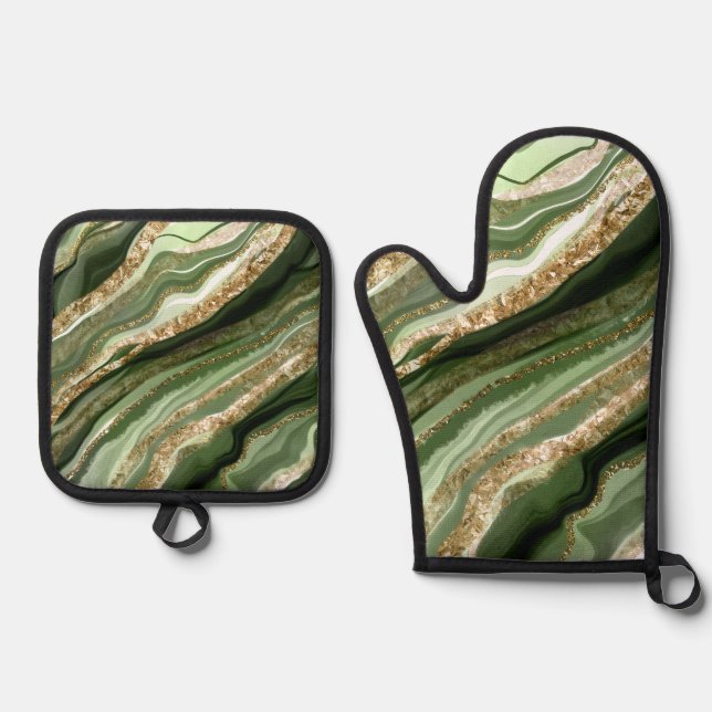 GREEN & GOLD AGATE SEHEN ABSTRAKT AUS OFENHANDSCHUH & Topflappen-Set (Vorderseite)