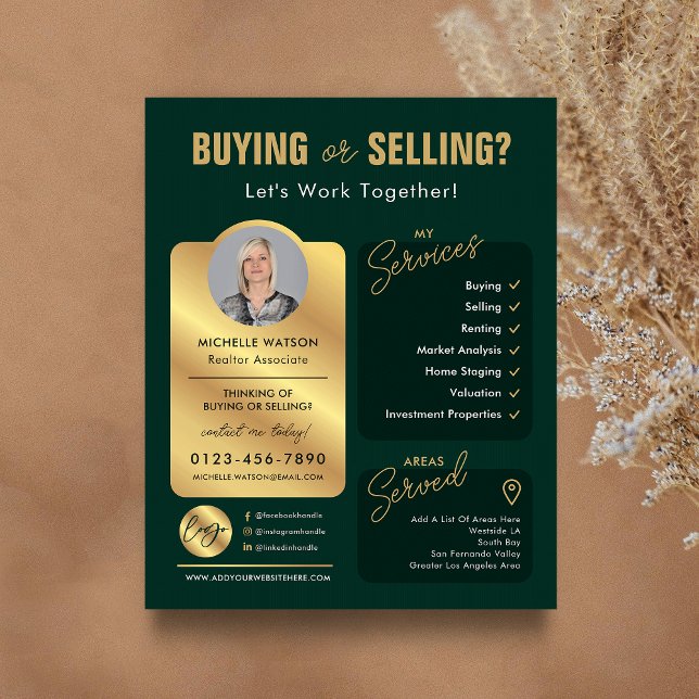 Green & Gold Anwesen Agent Logo Realtor Flyer (Modern green and gold real estate agent marketing flyer with your custom photo and logo)