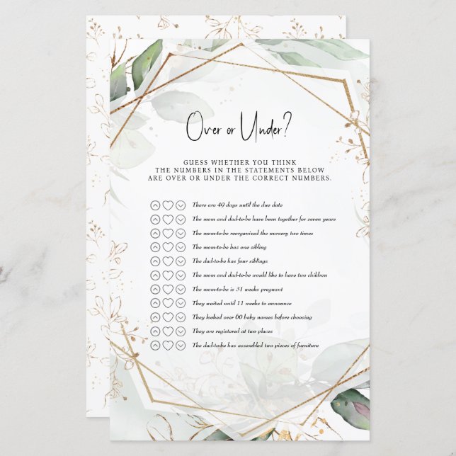 Green & Gold Baby Shower Game Over oder Under? (Vorne/Hinten)