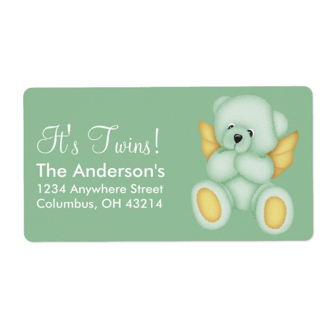 Green & Gold Baby Teddy Bear Angel Address Labels (Vorne)