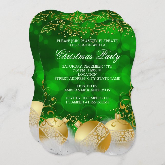 Green Gold Baubles White Weihnachtsfeier Einladung (Vorne/Hinten)