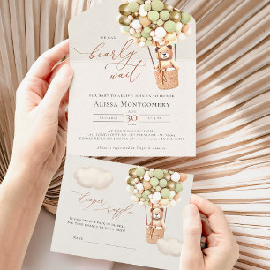Green Gold Bear Balloons Baby Dusche All In One Einladung