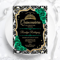 Green Gold Black Damask Elegantes Quinceanera