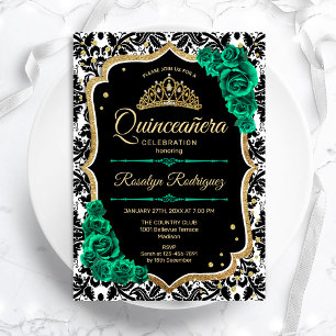 Green Gold Black Damask Elegantes Quinceanera Einladung