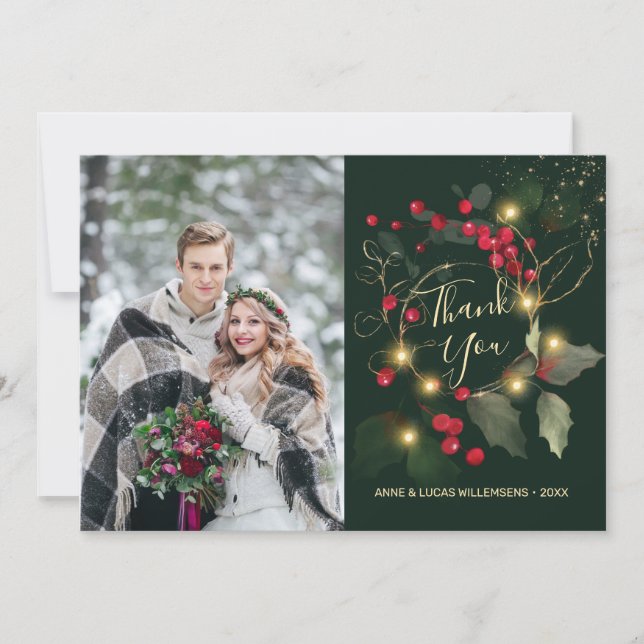 Green Gold Blätter Red Berry Wedding Dankeschön Ca Dankeskarte (Vorderseite)