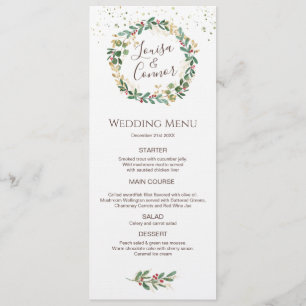 Green Gold Blätter Red Berry Wedding Menu Menükarte
