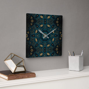 Green Gold Boho Rosette Mandala Quadratische Wanduhr