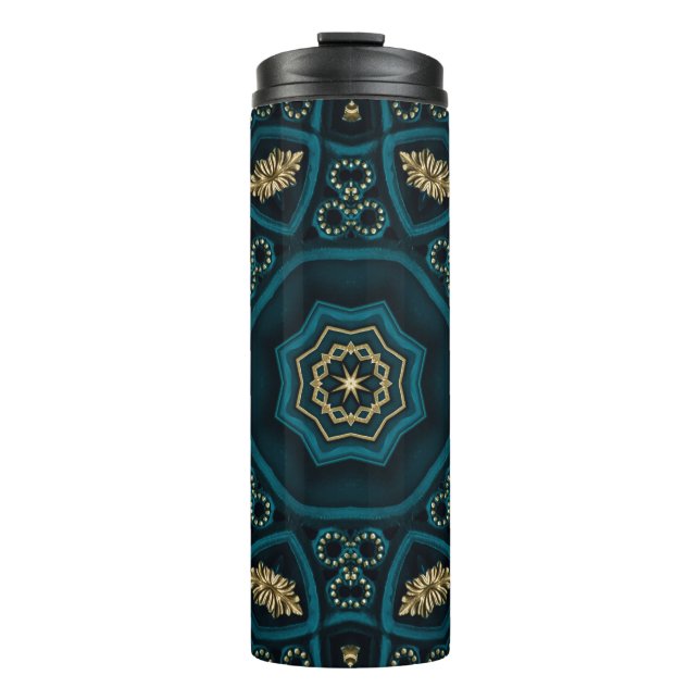 Green Gold Boho Rosette Mandala Thermosbecher (Vorderseite)
