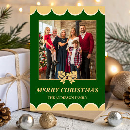 Green & Gold Bow Scalloped Family Christmas Photo Feiertagskarte