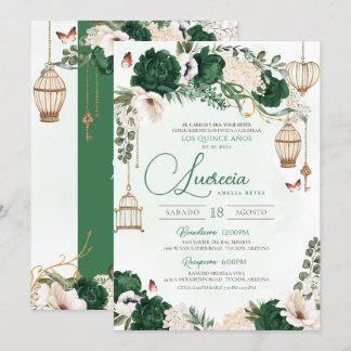 Green Gold Butterfly Floral Elegante Quinceañera Einladung