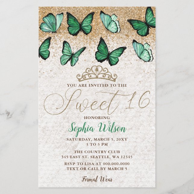 Green Gold Butterfly Sweet 16 Einladung (Vorderseite)