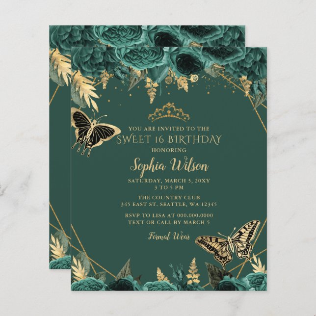 Green Gold Butterfly Sweet 16 Einladung (Vorne/Hinten)