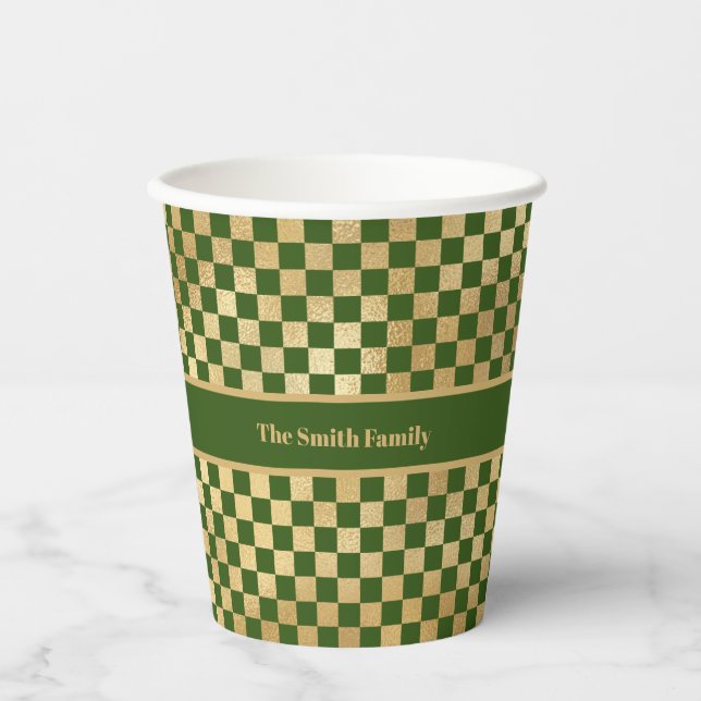 Green Gold Checked Paper Cup Pappbecher (Vorderseite)
