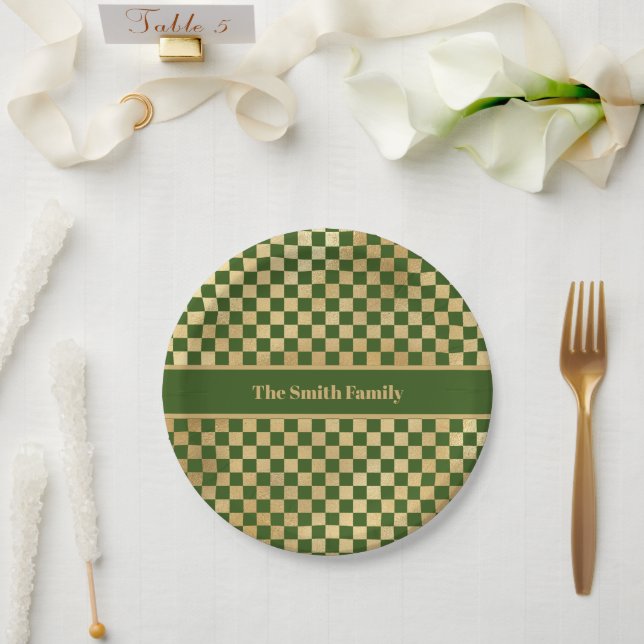Green Gold Checkered Paper Plate Pappteller (Hochzeit)