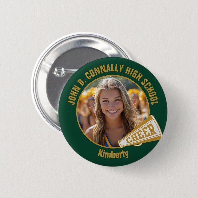 Green Gold Cheerleader Photo High School Spirit Button (Vorne & Hinten)