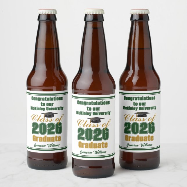Green Gold Class of 2026 Custom Graduation Party Bierflaschenetikett (Flaschen)