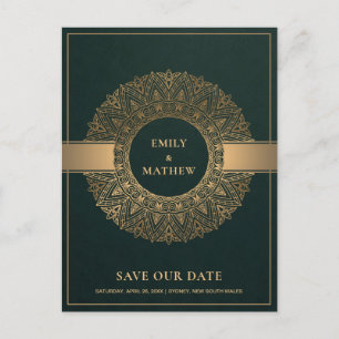 GREEN GOLD CLASSIC VERZIERT MANDALA SAVE THE DATE ANKÜNDIGUNGSPOSTKARTE